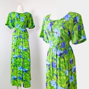 80's Babydoll Floral Dress Maxi Short Sleeve Waist Tie Long Floor Length